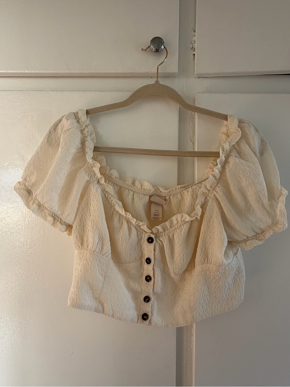 cream button front puff sleeve bustier top